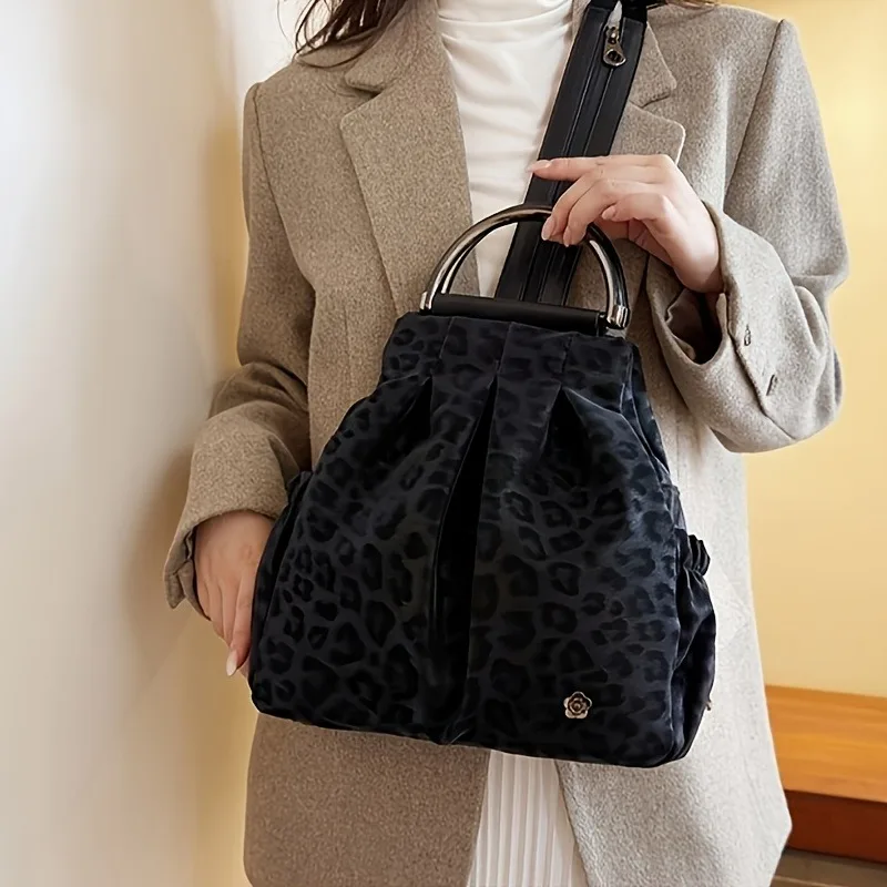 Leopard Print Large Capacity Backpack Spliced Vintage Rucksack Casual Hand Chest Bag Travel Fashion Bag