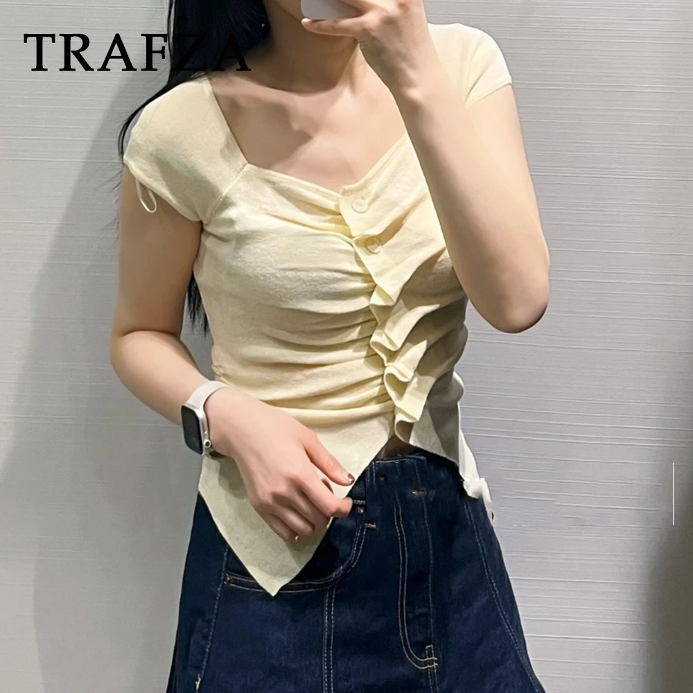 

TRAFZA Chic Sexy Summer Yellow Knitted Woman Sweaters Fashion 2025 Vintage Slim Sheath Mujer Top V-Neck Elegant Pleated T-shirts