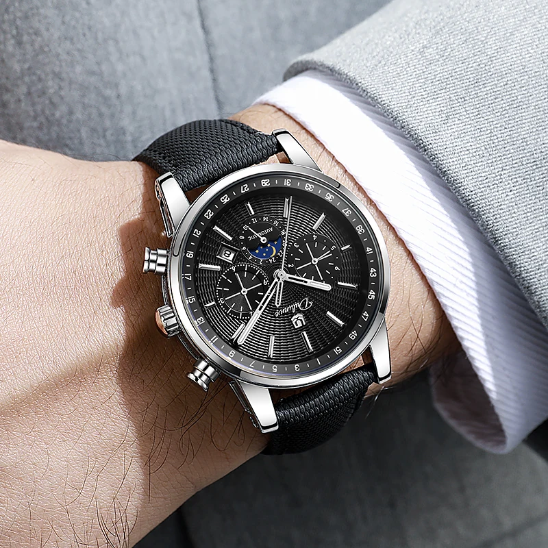 Men Multifunction Automatic Mechanical Watch Sun‑Moon Phase Calendar Blue Texture Dial  Woven Nylon Strap Business Sports Male