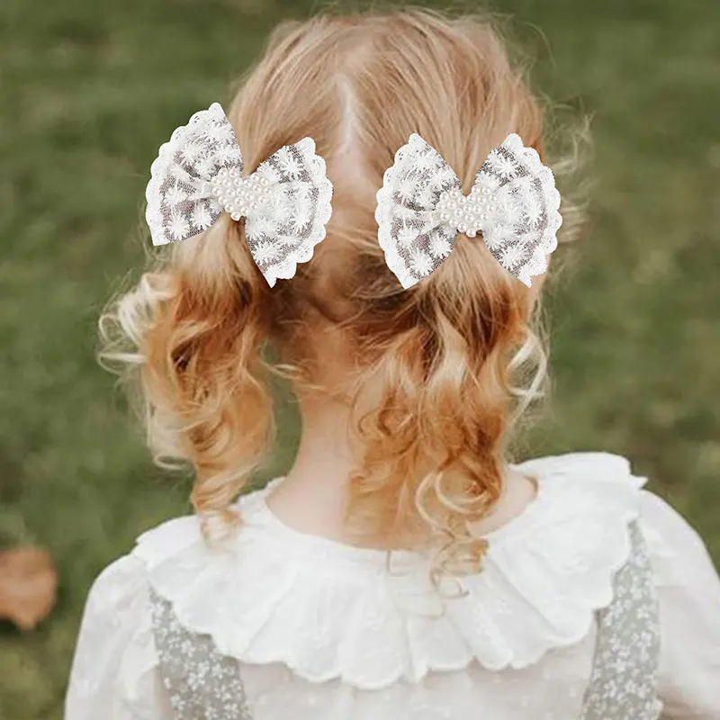 2PCS Cute Lace Bowknot Hair Clips For Girls Cute Pearl Love Heart Hairpins Barrettes Kids Korean Hairgrips Baby Hair Accessories