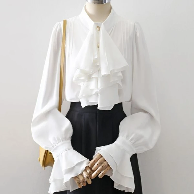 

Винтажная блузка в средневековом придворном стиле с расклешенными рукавами на пуговицах, тонкие однотонные элегантные топы с воротником-стойкой и бантом, повседневные топы в полоску, осень