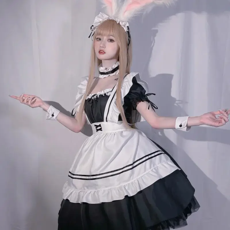 Lolita empregada fantasia cosplay para meninas, roupas de RPG de anime, uniforme escolar preto e branco, vestido de lingerie sexy, plus size, 2024