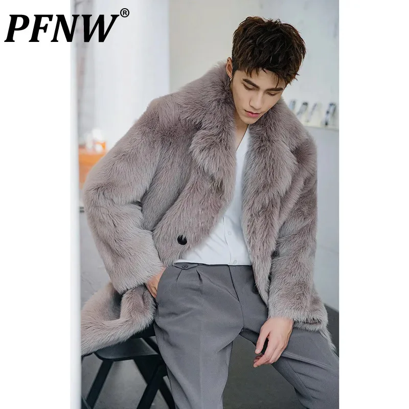 PFNW Men's Faux Fur Wool Coat Loose Fit Lapel Knee Length Overcoat Male Autumn Winter New Imitation Fox Fur Warm Coats 12C1158