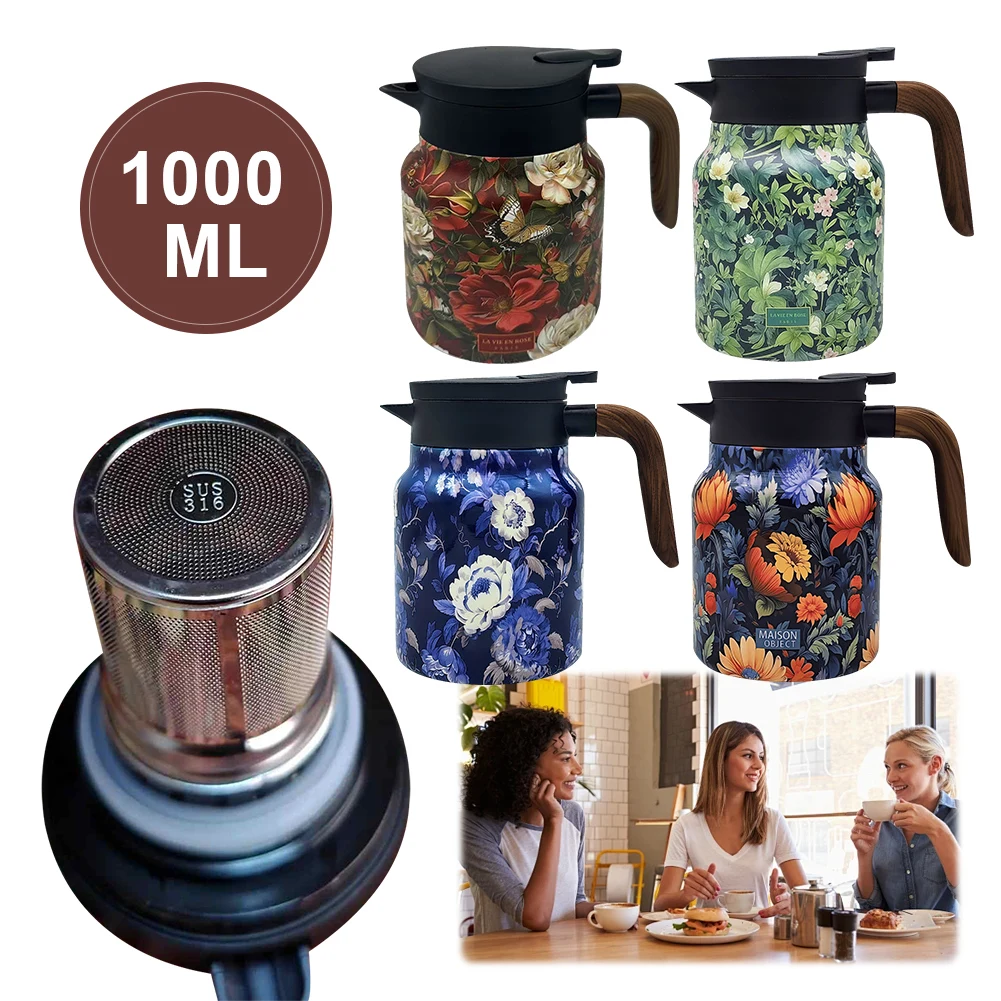 

1000ml Vintage Floral Tea Kettle Stainless Steel Insulated Tea Pot Built-in Infuser Tea Separation Water Bottle for Hot Drinks
