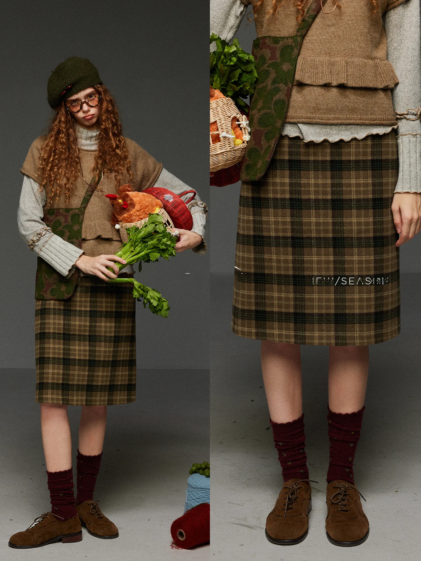 

High Waist Plaid A-Line Skirt for Women Retro Contrast Color Spring Design Versatile Lazy Straight Cut Skirts