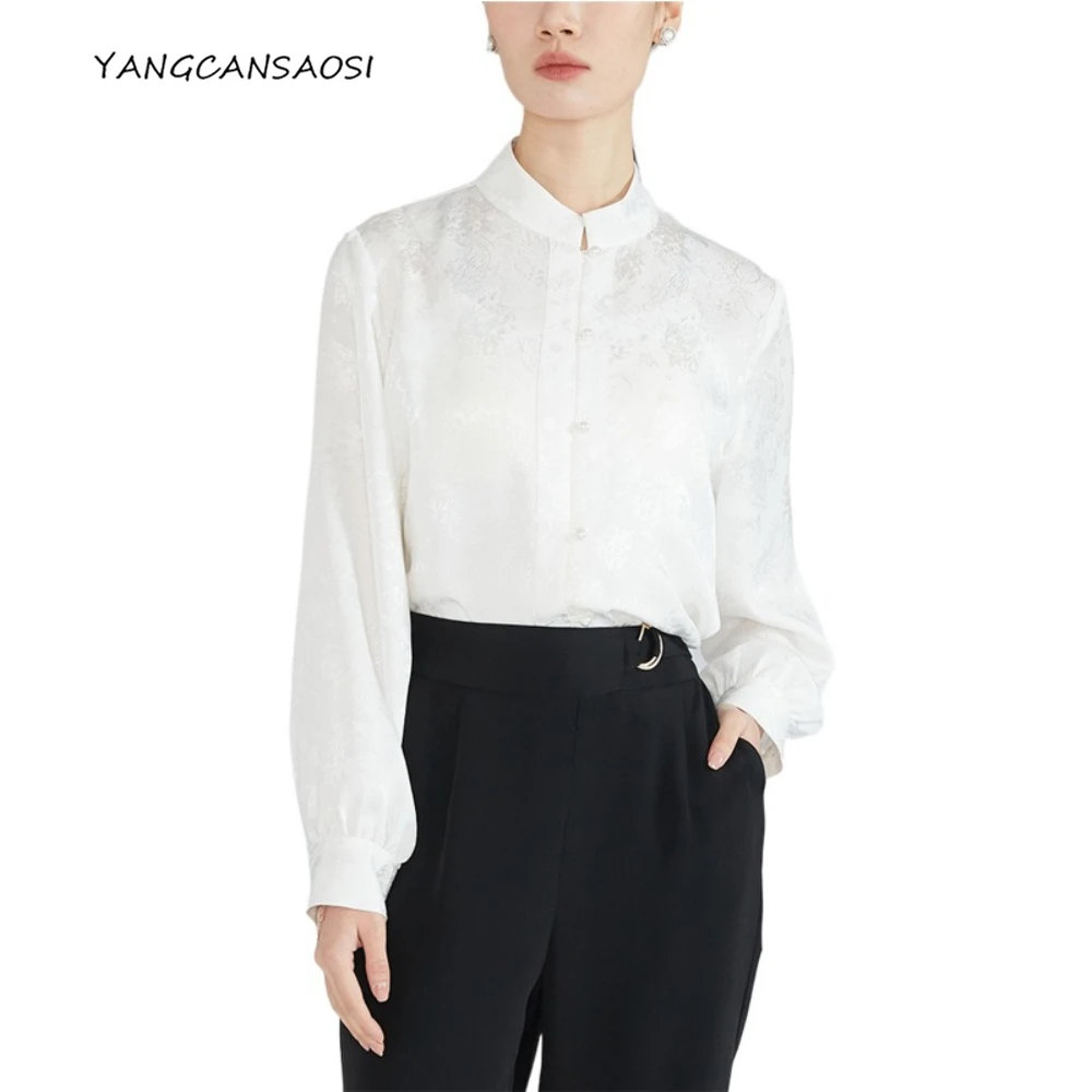 

Fashion Spring/Autumn Women's Clothing 100% Natural Mulberry Silk Jacquard HuaLuo National Style Stand Collar Long Sleeve Shirt
