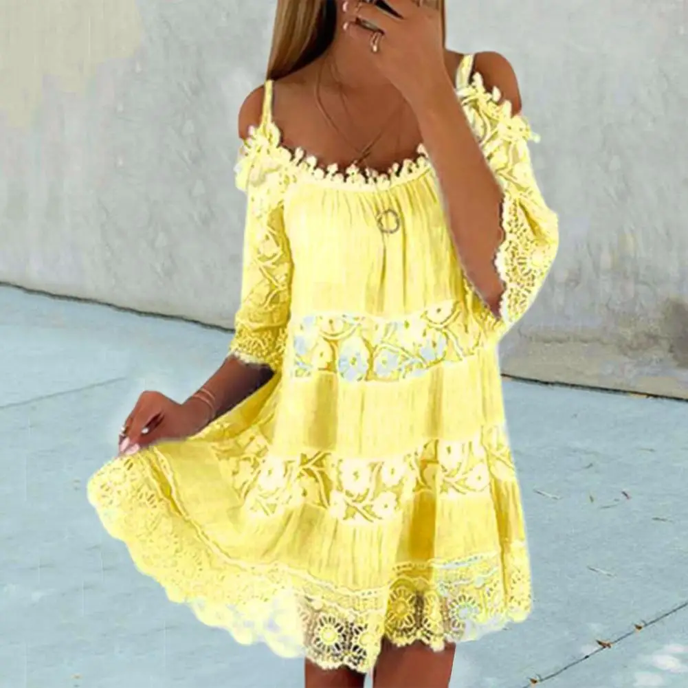 1Pc Loose Scoop Neck Party Dress Half Sleeves Comfortable Summer Dress Embroidery Crochet Lace Cold Shoulder Dress for Beach