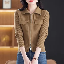 Fashion Zipper Short Knitted Cardigan Sweater 2024 Spring and Autumn New Korean Versatile Coat Top Zipper Sweater Solid Color