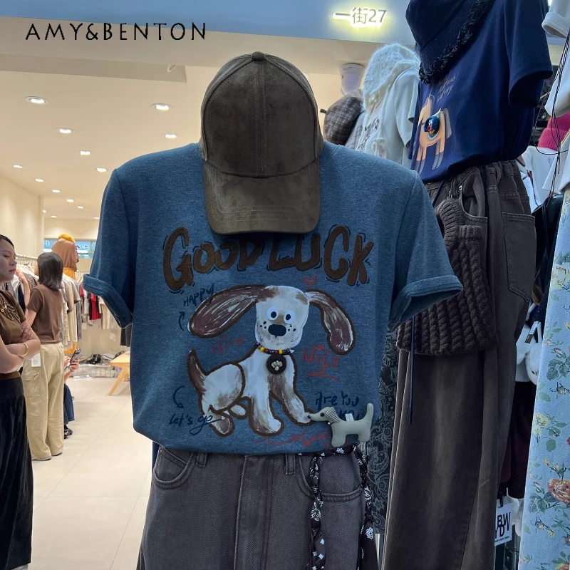

Cute Cartoon Print Short Sleeves T-shirt Women's 2025 Early Autumn Loose Fit Flattering Stylish Youthful Versatile Casual Tees