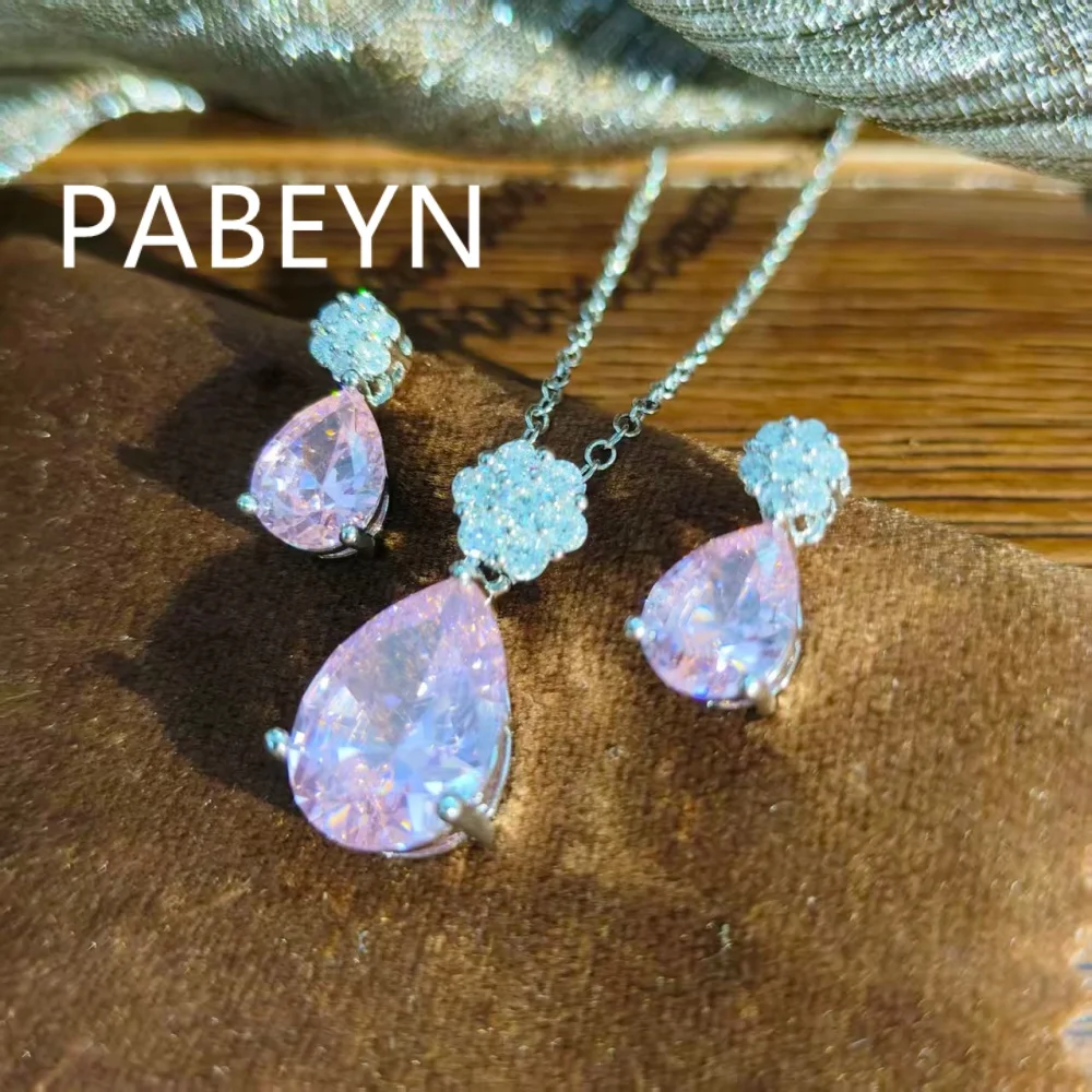 925 Sterling Silver Fashion Light Luxury Pink Water Drop Zircon Necklace Stud Earrings Set Birthday Party Anniversary Gift