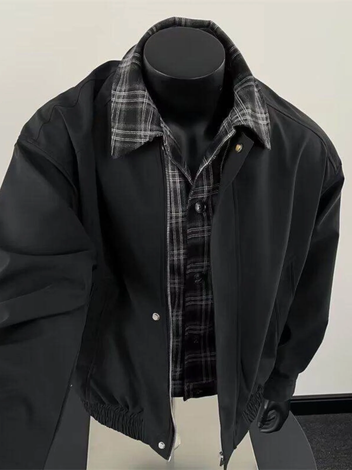 

American Plaid irt Sle ort Jaet Men's Spring Autumn Retro High-End Feel Patchwork irt Collar Jaet Youth Trend