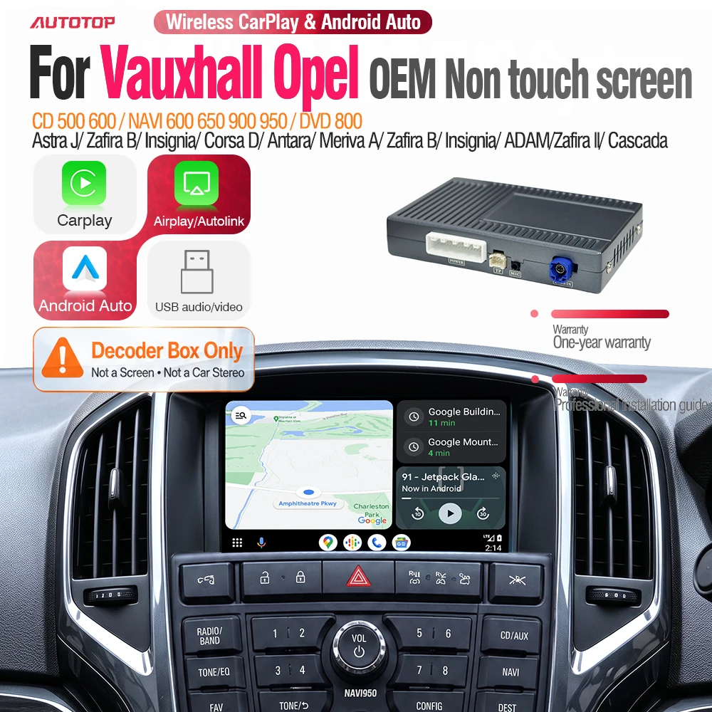 Boîtier décodeur sans fil AUTOTOP Apple CarPlay Android Auto pour Vauxhall Opel Astra J K Insignia A B Corsa E Mokka X Zafira Tourer Meriva B 2009-2019, mise à niveau de l'écran d'origine IntelliLink, interface de rétrofit, AirPlay, MirrorLink, Bluetooth, caméra de recul, Plug and Play