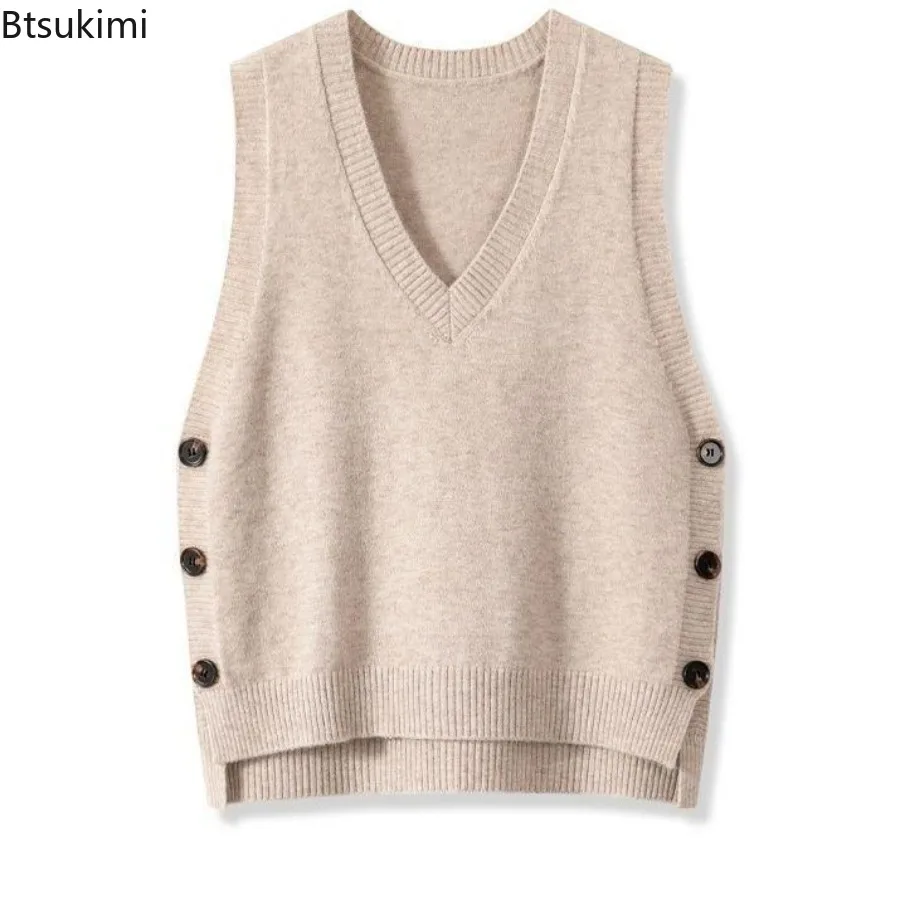 

Woman Retro V-neck Sweaters Knitted Vest 2025 Autumn Winter Loose Sleeveless Knitwear Fashion Femme Winter Pullover Sweaters