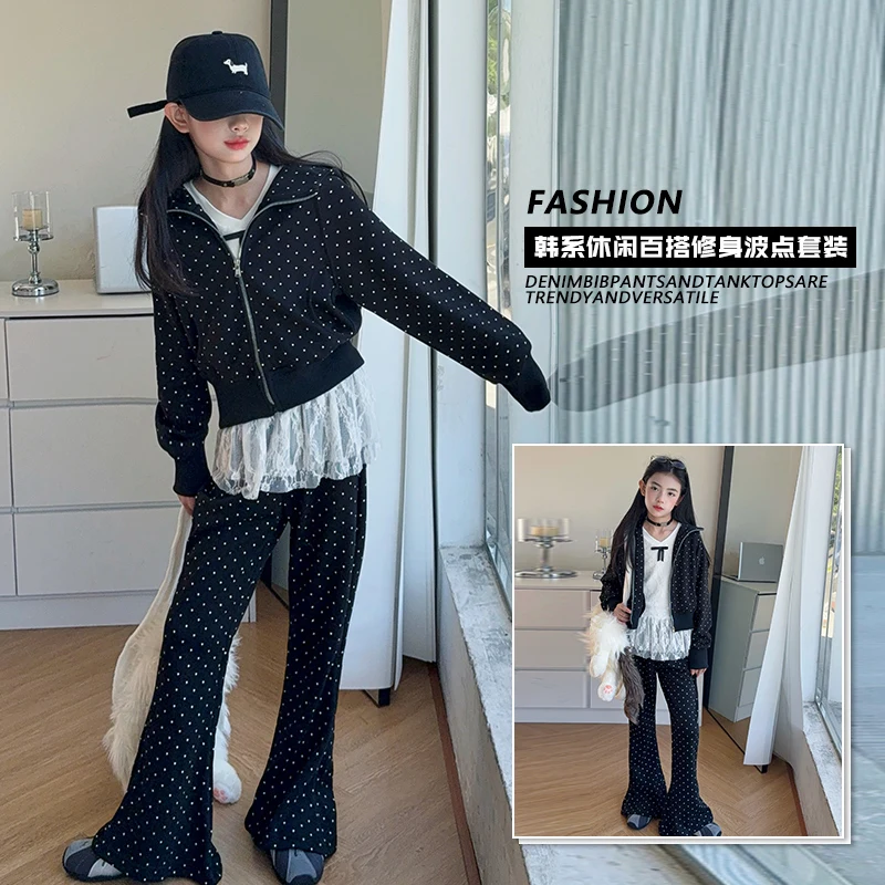 

Осенний комплект одежды в черный горошек для девочек-подростков, куртка на молнии с капюшоном + брюки-клеш, 2 предмета, детское пальто из шума, брюки, костюм, детская одежда 14