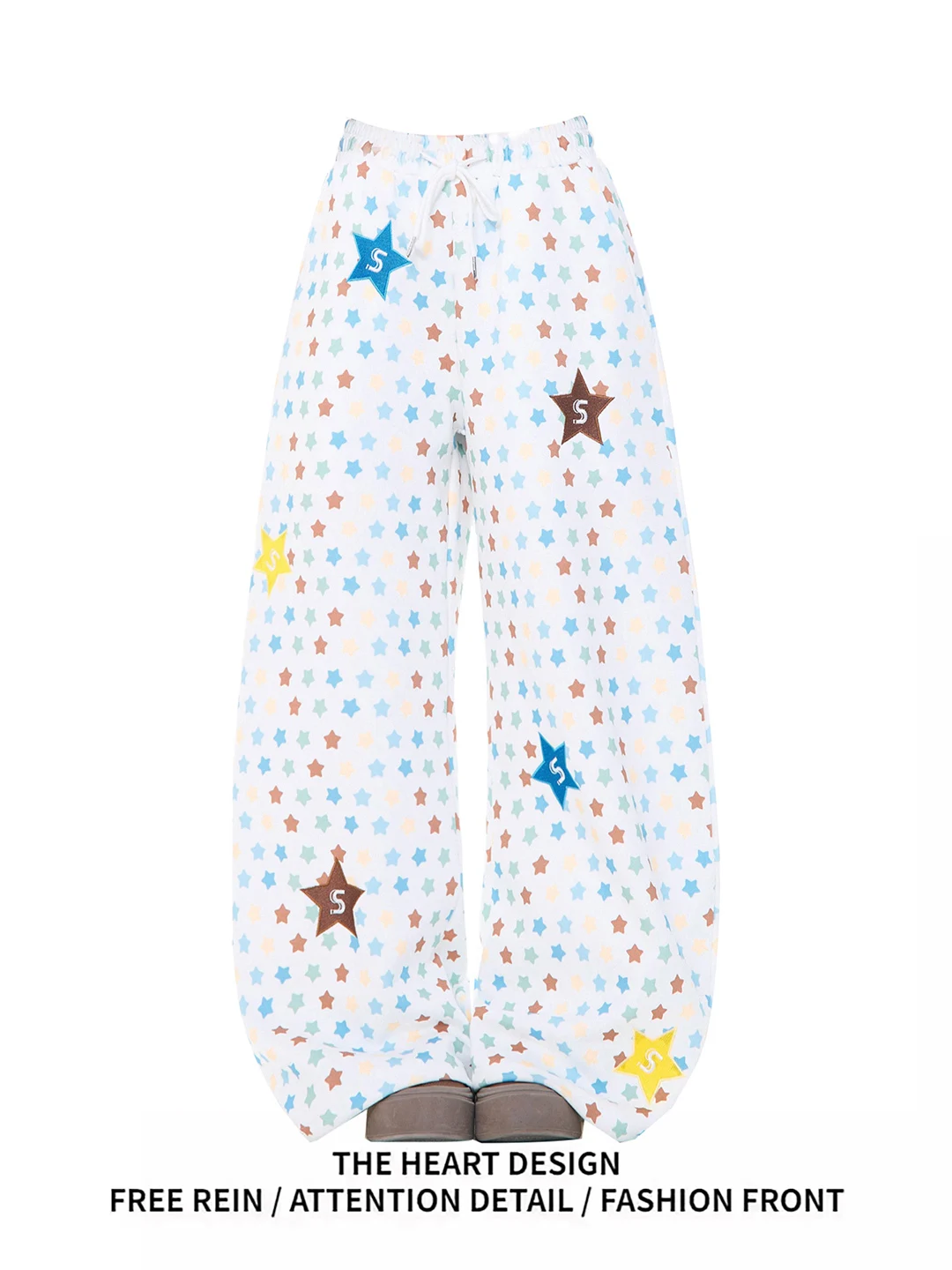 

Loose Straight Leg Pants Women's Casual Wear Star Print Spring Design Asymmetric Natural Waist Polyester Fiber Wide Leg Trousers