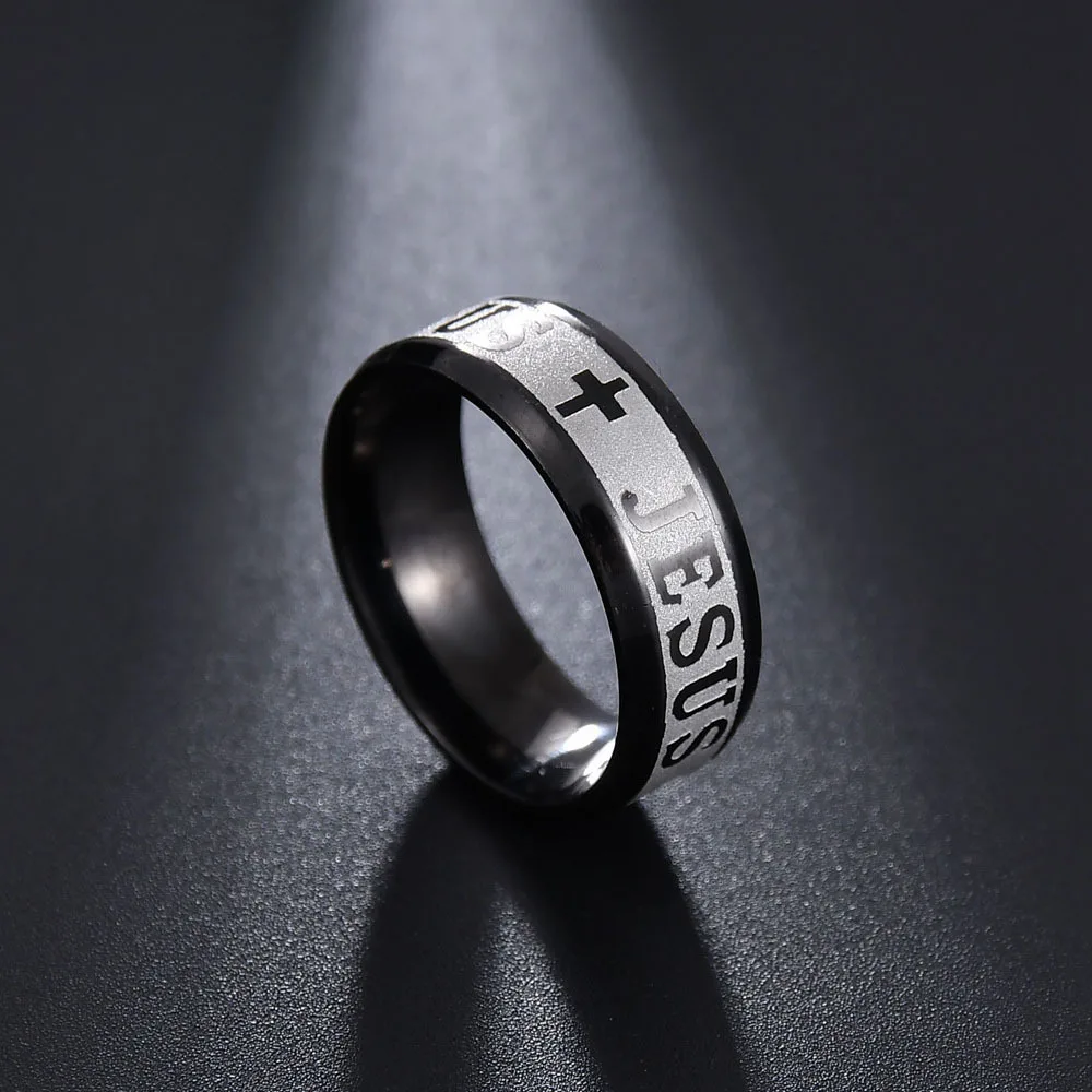 Stainless Steel Black Color Jesus Cross Letter Bible Prayer Finger Rings For Men 8mm Amulet Jewelry