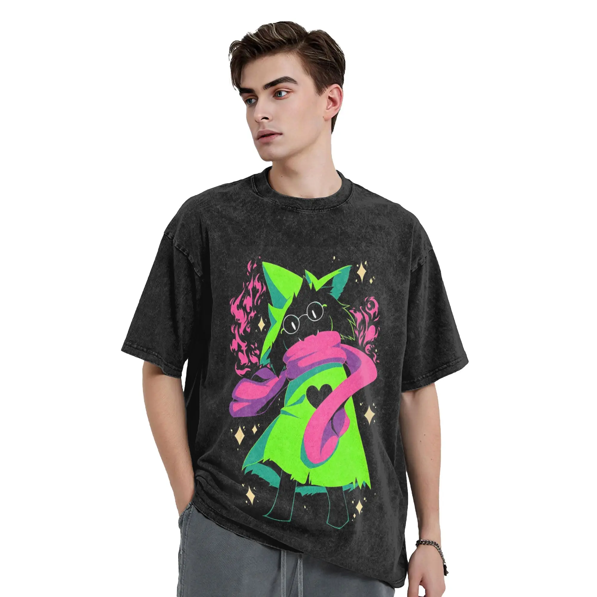 Washed T Shirts I Love he - DELTARUNE  Cool T-Shirts Street Adventure Game Streetwear Short Sleeve Graphic Tops Tees Men Women