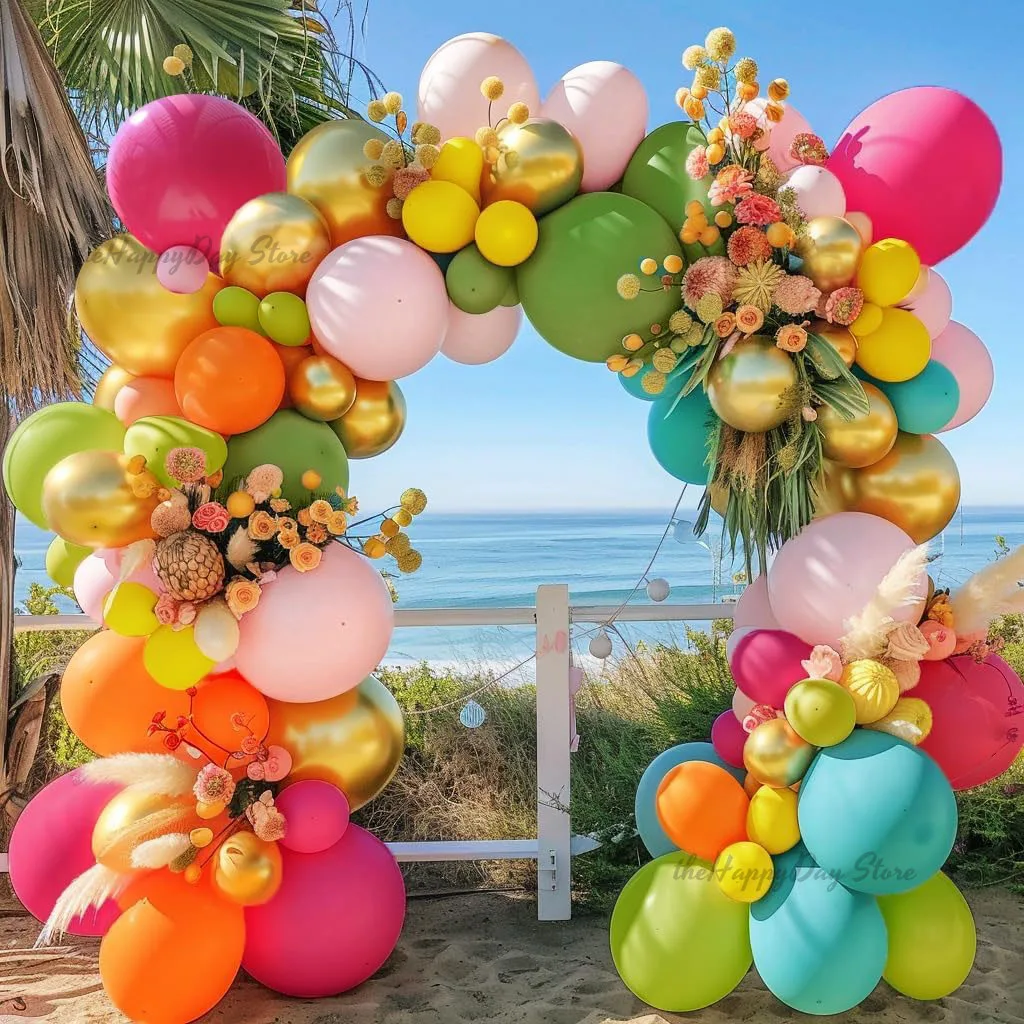 Kit de guirnaldas de arco de globos tropicales, globos de color rosa, verde, naranja, amarillo, verde azulado para flamenco, Luau hawaiano, Aloha, cumpleaños de verano