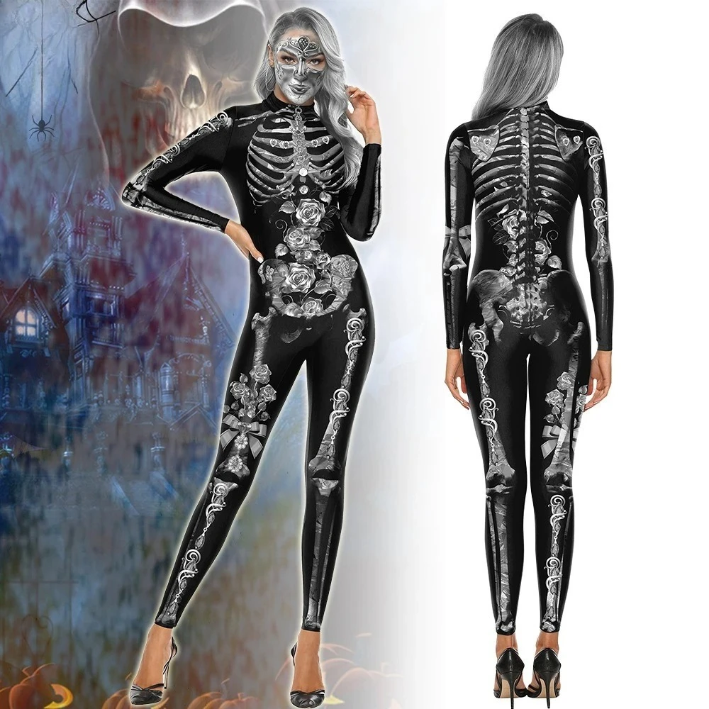 

Gothic Skeleton Cosplay Bodysuit - Black Shiny Full-Body Skeleton Print Costume, Halloween Horror Themed Role-Play Outfit