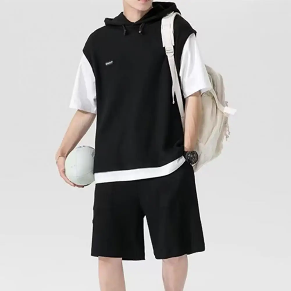 Waffle Running Shorts Set Men Fake Two-piece Jogging Sport Short Pants Set Short Sleeve T-shirt Wide Leg Shorts Tracksuit