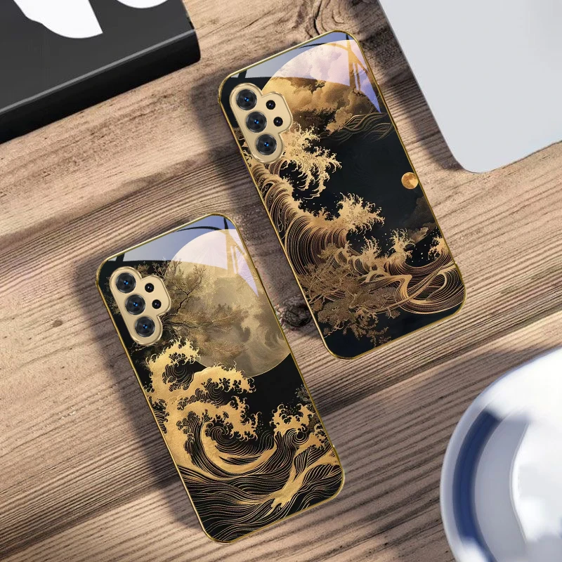 

The waves of lines For Samsung A 31 32 A33 A34 35 14 A15 13 A16 25 A26 50 52 53 54 55 56 70 71 72 73 Golden glass phone case