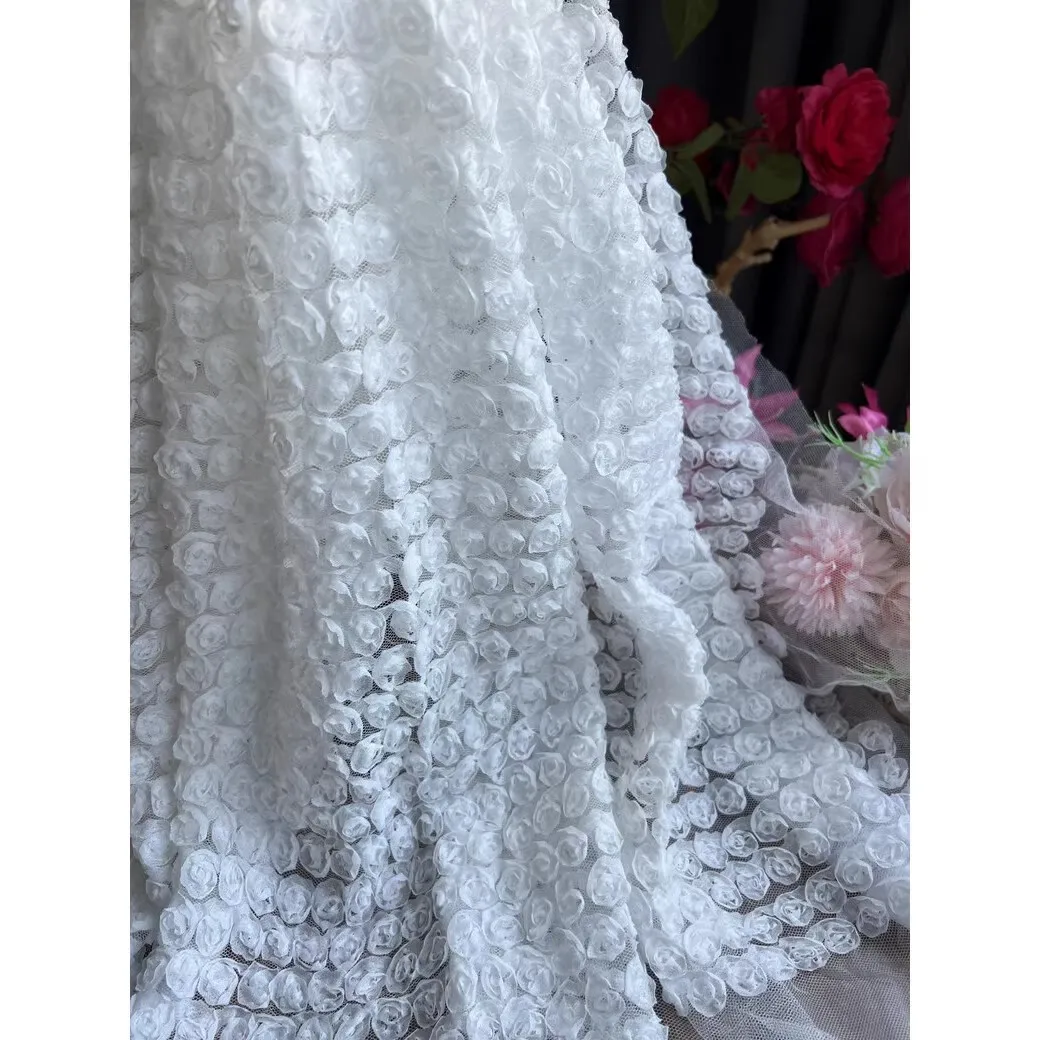 

3D Small Rose Flower Embroidery Lace Fabric, Wedding Dress Flower Lace Fabric