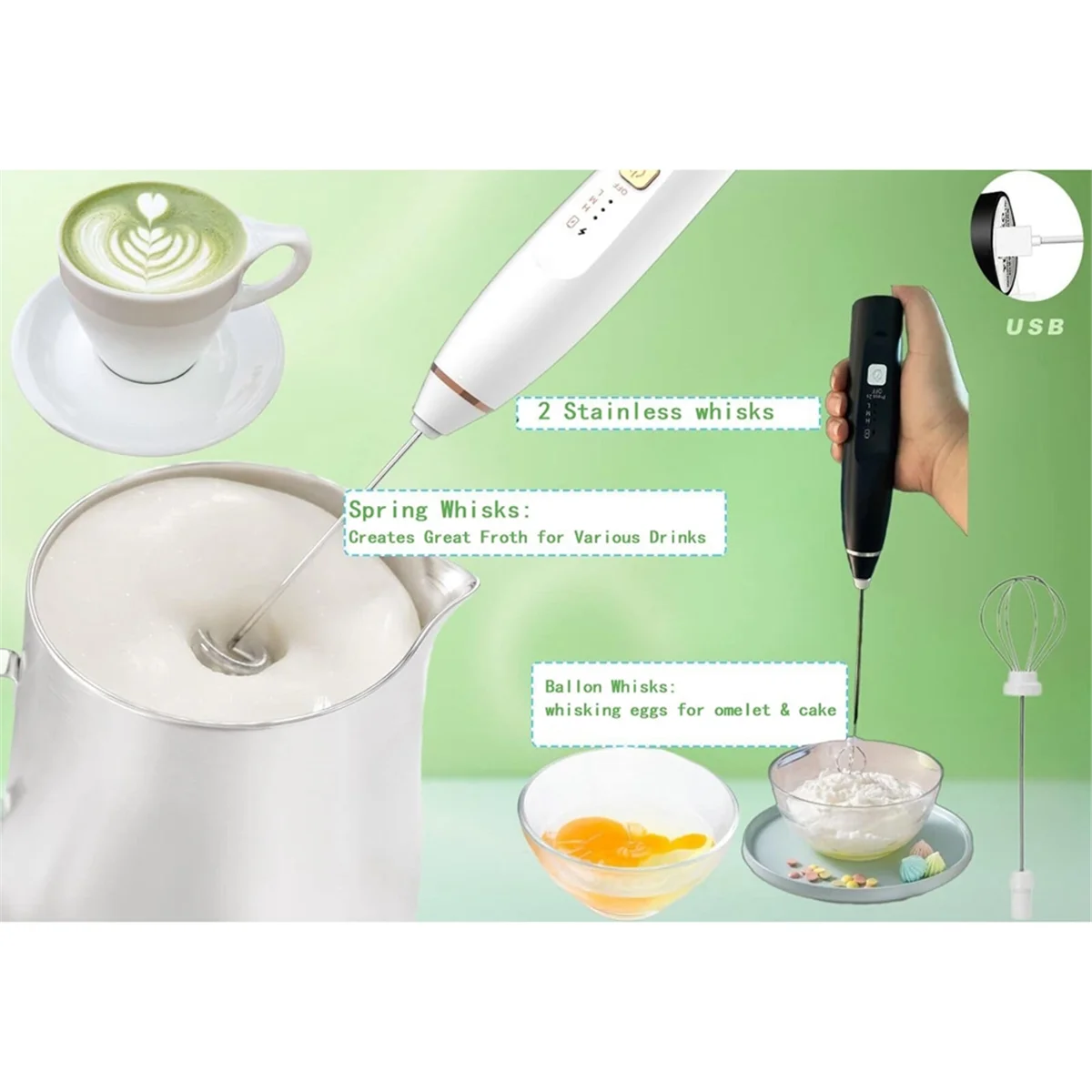 Batidora de espuma de leche recargable de mano para café con 2 batidores, batidora de mano eléctrica USB, varita de espuma de 3 velocidades-B