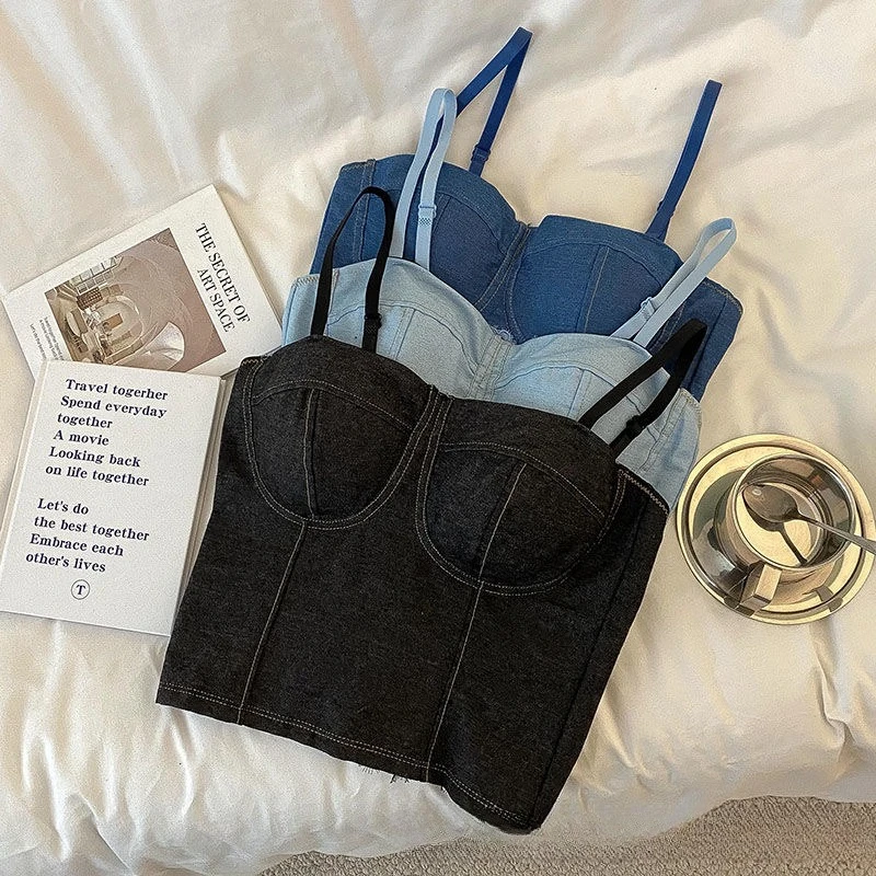 

Vintage Distressed Denim Vest for Women Lace Trim Backless Cami Top Black Wrap Style Bralette for Layering Summer Chic Outerwear