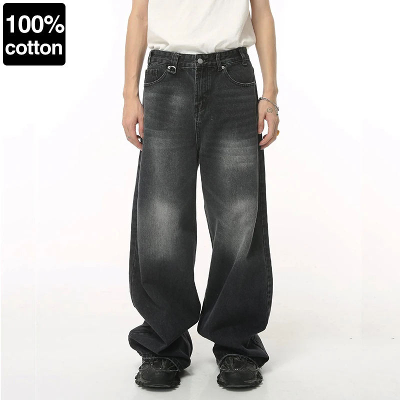 

Baggy Black Gray Jeans Men's 100% Cotton High Quality Wide Leg Loose Classic Washed Denim Pants Fashion American Retro Trousers
