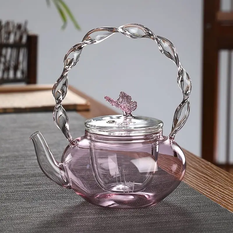 700ML Pink Butterfly Glass Coffee Pot Tea Pot Electric Ceramic Stove Glass Tea Pot High Temperature Resistant Tea Pot