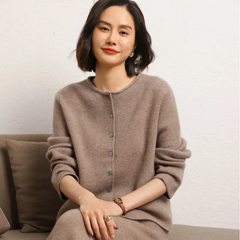 High Quality round Neck Solid Color Buttons Loose-Fitting Curl Knitted Cardigan Autumn and Winter New Retro Sweater Women's Coat