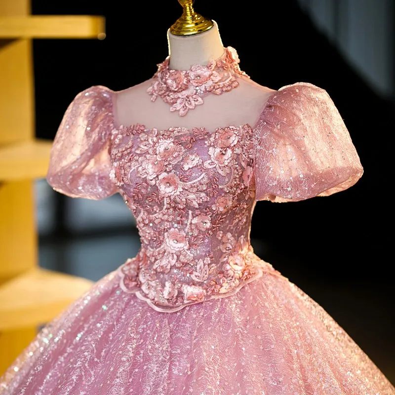 Pink Quinceanera Dress Luxury High-neck Party Dress Puff Sleeve Ball Gown Classic Sequin Prom Dress Customize Vestidos