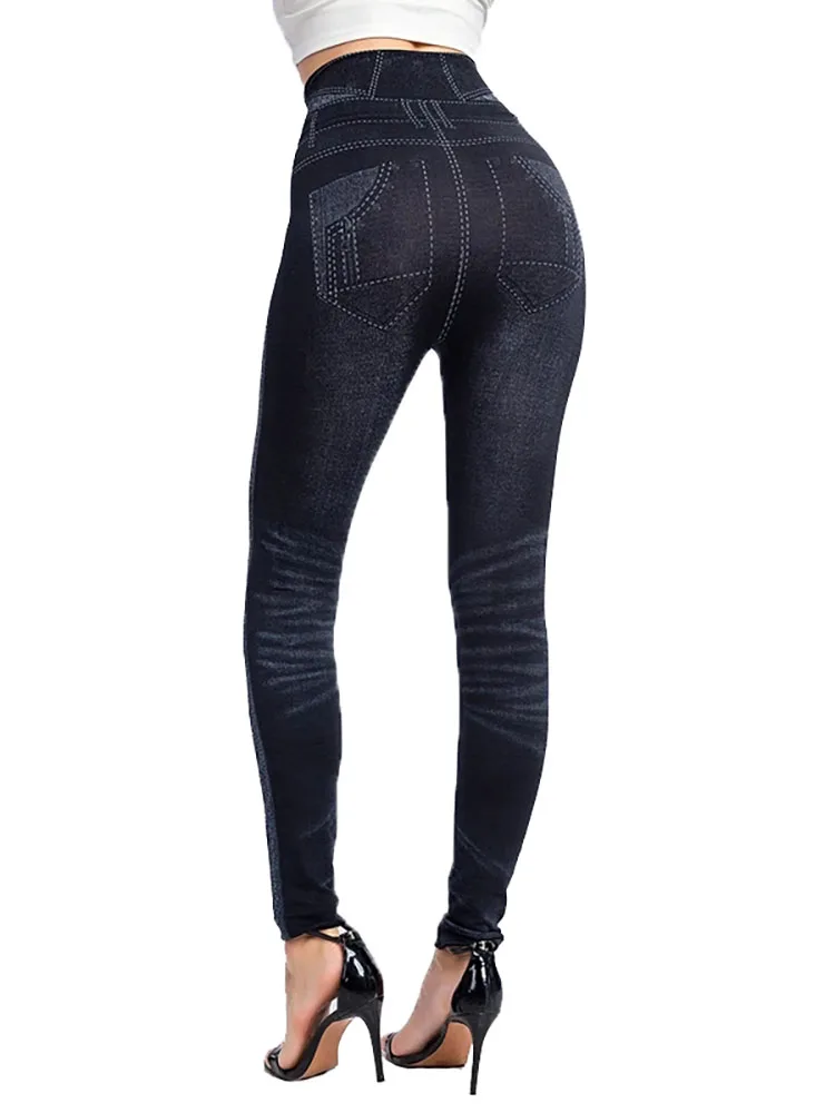 INDJXND Seite Druck Nahtlose Jeggings Push-Up Sport Faux Denim Hohe Taille Leggings Warme Elastische Frauen Hohe Taille Bleistift Hosen