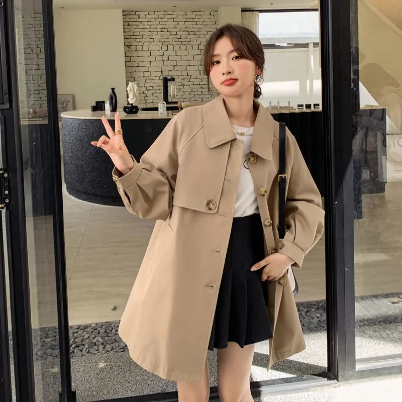 Women Solid Color Windbreaker Coat Autumn Female Leisure Trench Outwear Korean Ladies Medium Long Styles Lined Jacket  ﻿
