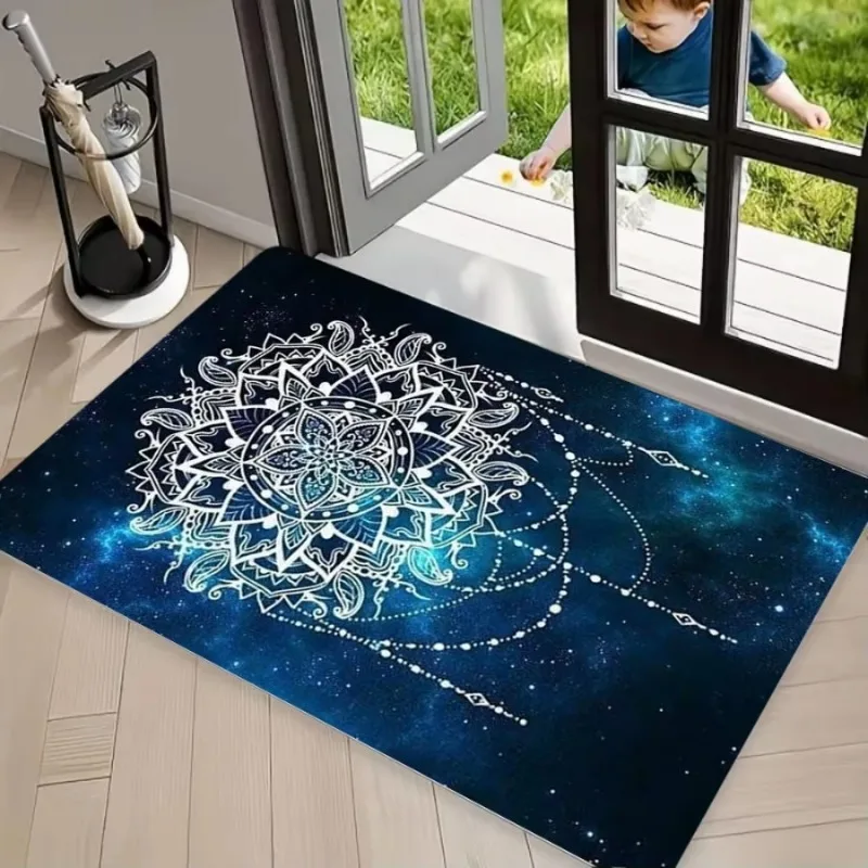 Boho Mandala Flower of Life Area Rug Carpet Non Slip Floor Mat Teal Gold Sacred Geometry Washable Front Door Doormat