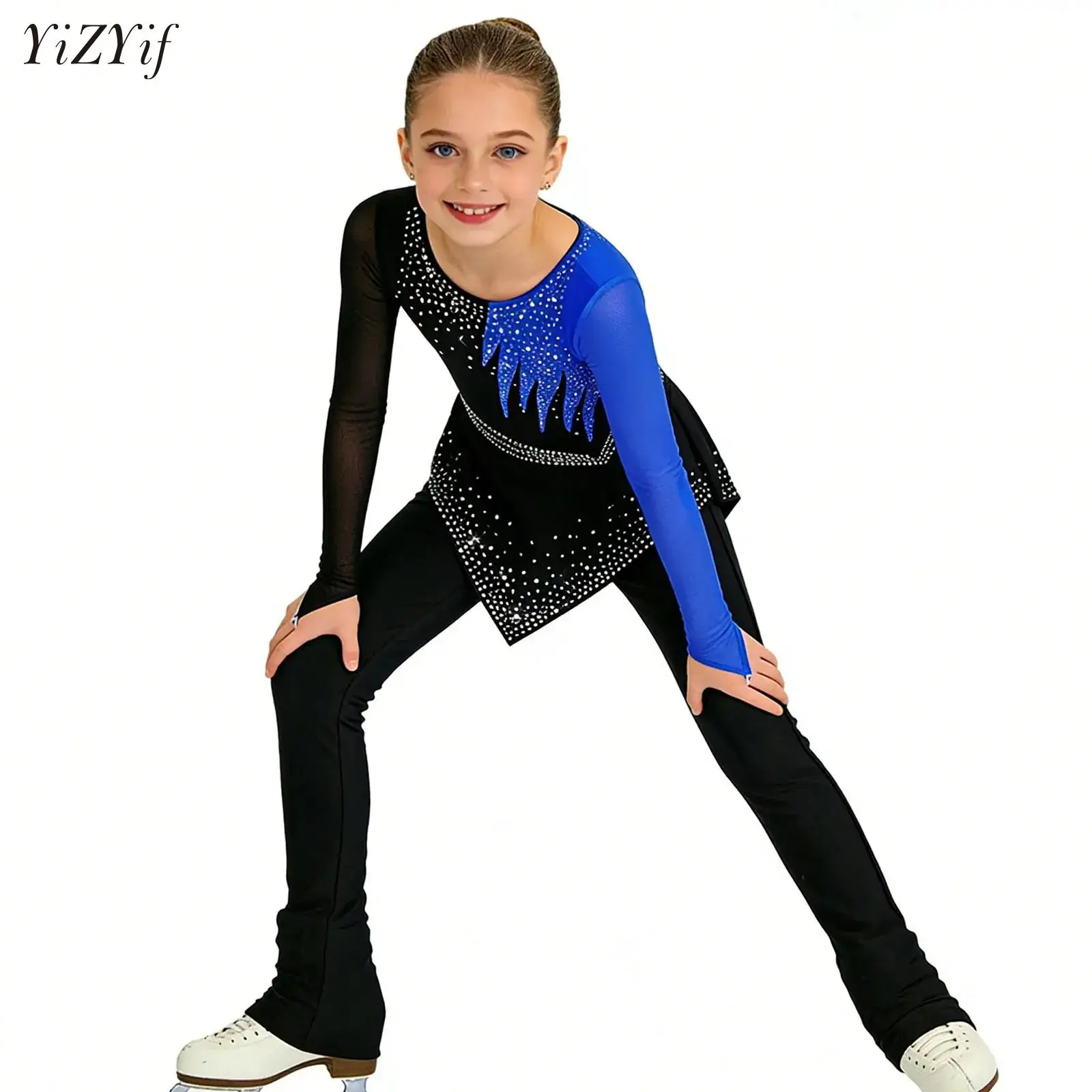 

Kids Girls Color Block Gymnastics Jumpsuit Long Sleeve Peplum Bodysuit for Ballet Dance Figure Skating Performance Competition