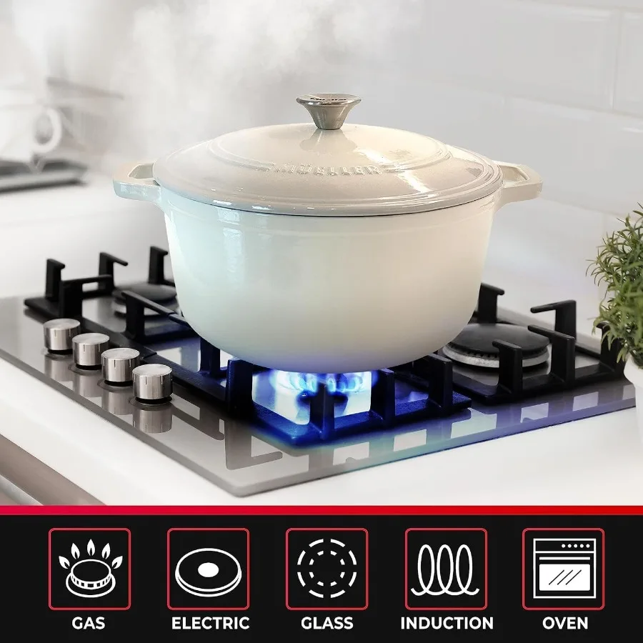 فرن هولندي من الحديد الزهر بالمينا سعة 7.5 كيو تي للموقد إلى الفرن، طبق خزفي عالي التحمل ومقلاة برازر مع غطاء وستانلس #5