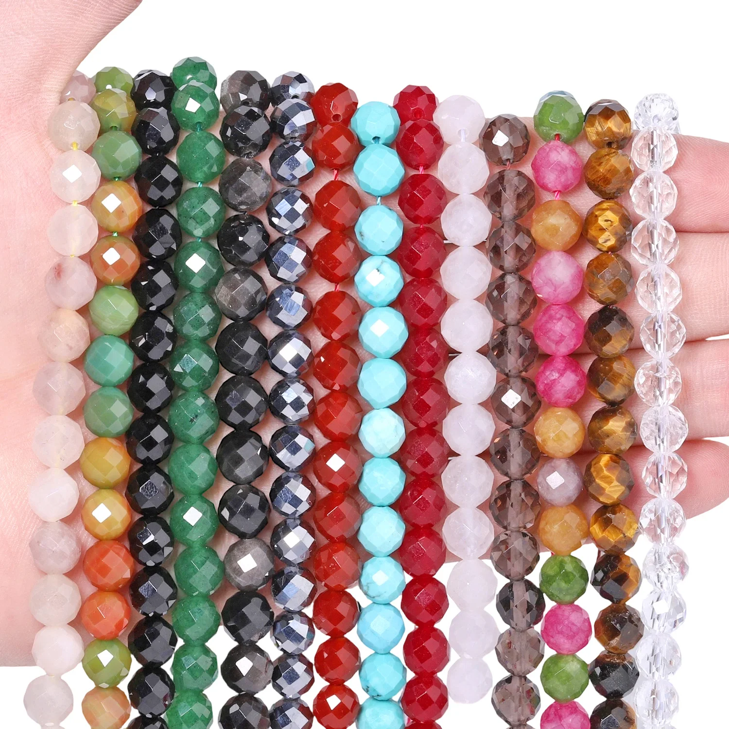 6 8 10mm Faceted Natural Silver Color Obsidian Red Agate Terahertz Turquoise Stone Beads for Jewelry Making Diy Accessories