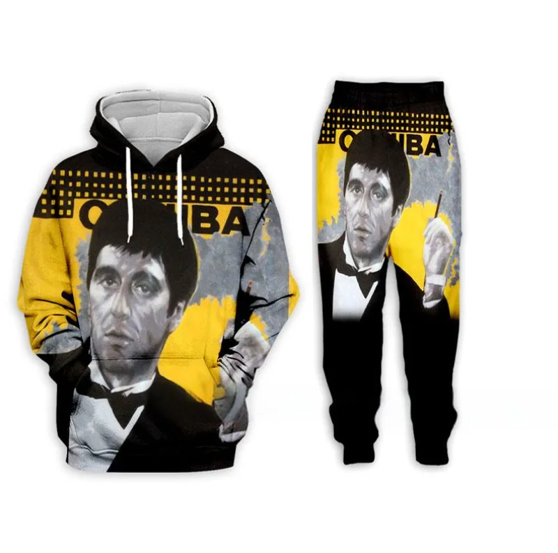 Filme scarface 3d impresso moletom com capuz + calças conjunto de treino masculino hip hop roupas terno outono inverno casual crianças moletom com capuz