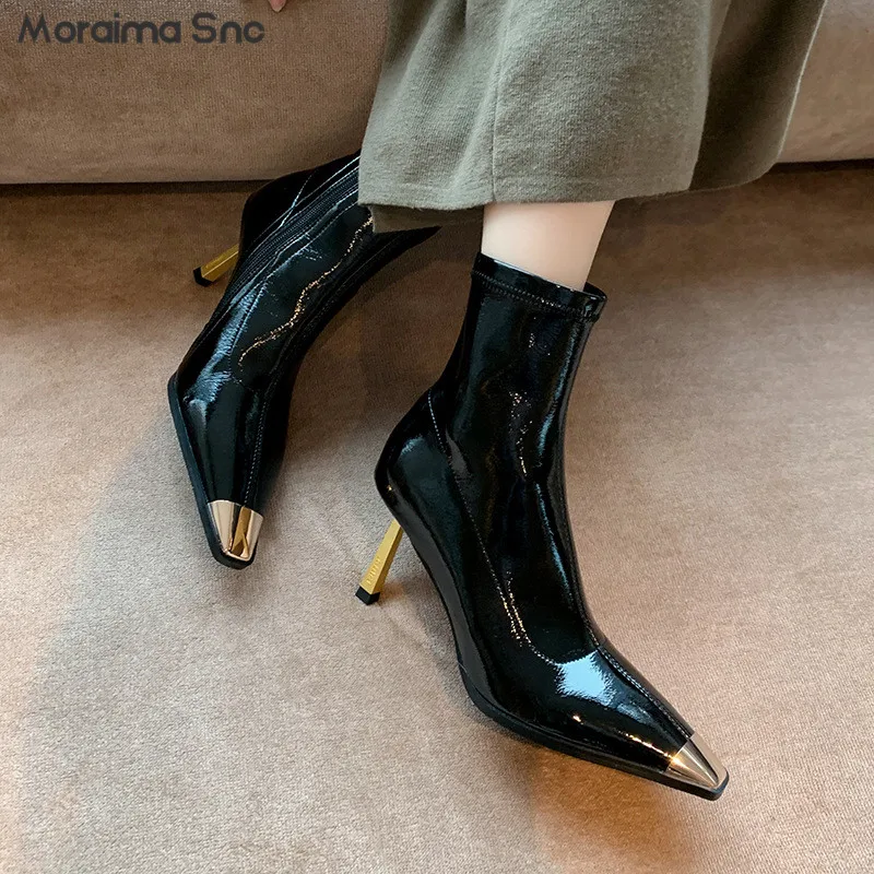 

Metal Square Toe Copper Heel Sexy Boots Patent Leather Black and White Professional Women's Boots Fashionable Knee-High Boots