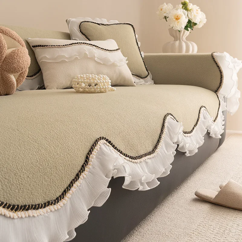 European Teddy Velvet Sofa Cushion with Lace Thick Anti Slip Couch Cover for All Seasons Irregular Hemline Furniture Protector