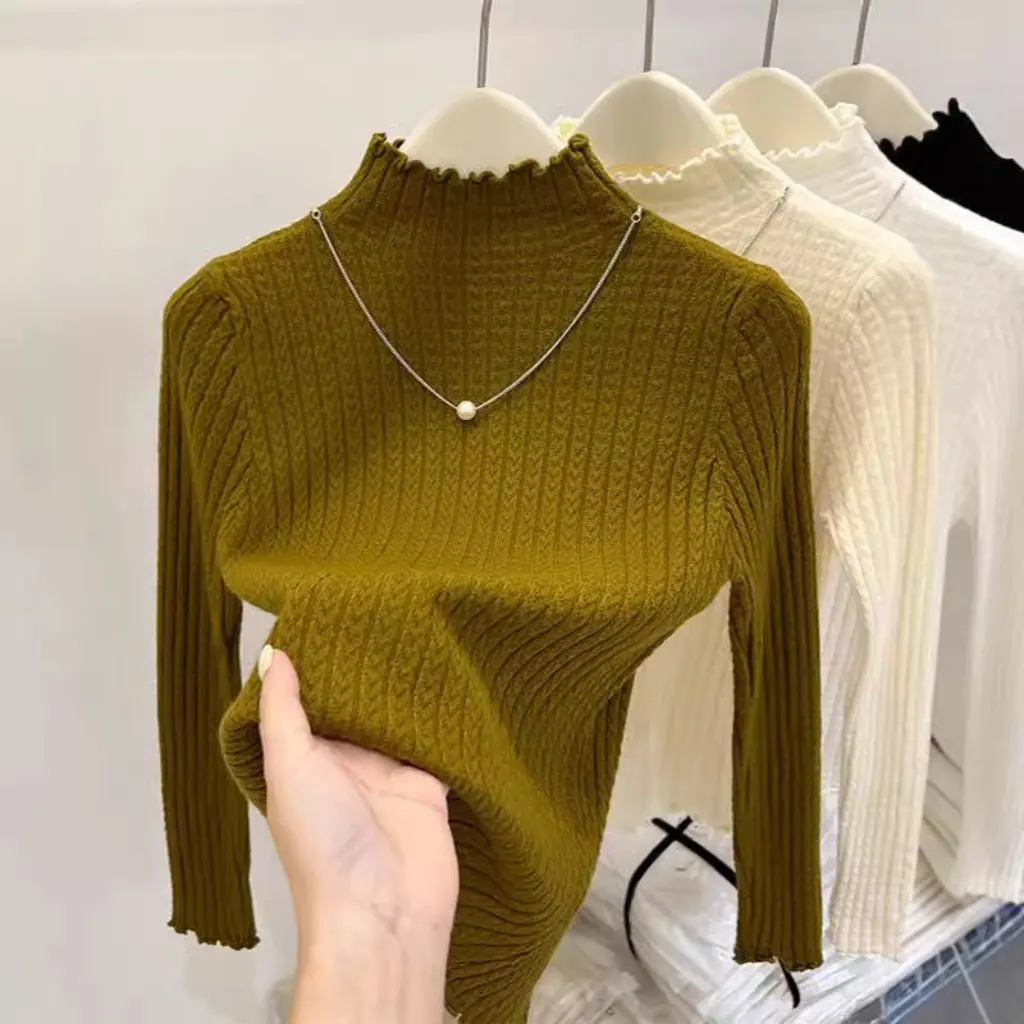 Women's Slim-fit Sweater with Half-high Collar And Wood-Ear Edge Autumn Winter Base Shirt Twist Eight Patterns All-match