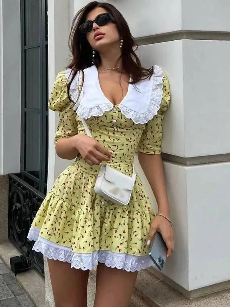 Sommer Slim Print Damenkleid 2023 Bodycon Puppenkragen Kurzarm Minikleider Elegantes Spitzen-Patchwork Damenkleid BQW7