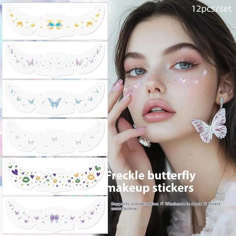 

{MX} 12 Sheets Glitter Butterfly Freckles Makeup Patches Temporary Tattoo Stickers For Women Face Makeup Fake Freckles