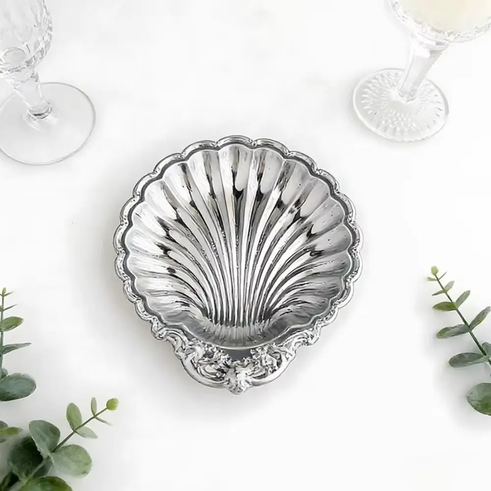 Vintage Dessert Plate Shell Shape Embossed Details Jewelry Storage Tray Silver Color Decorative Shell Shaped Dish
