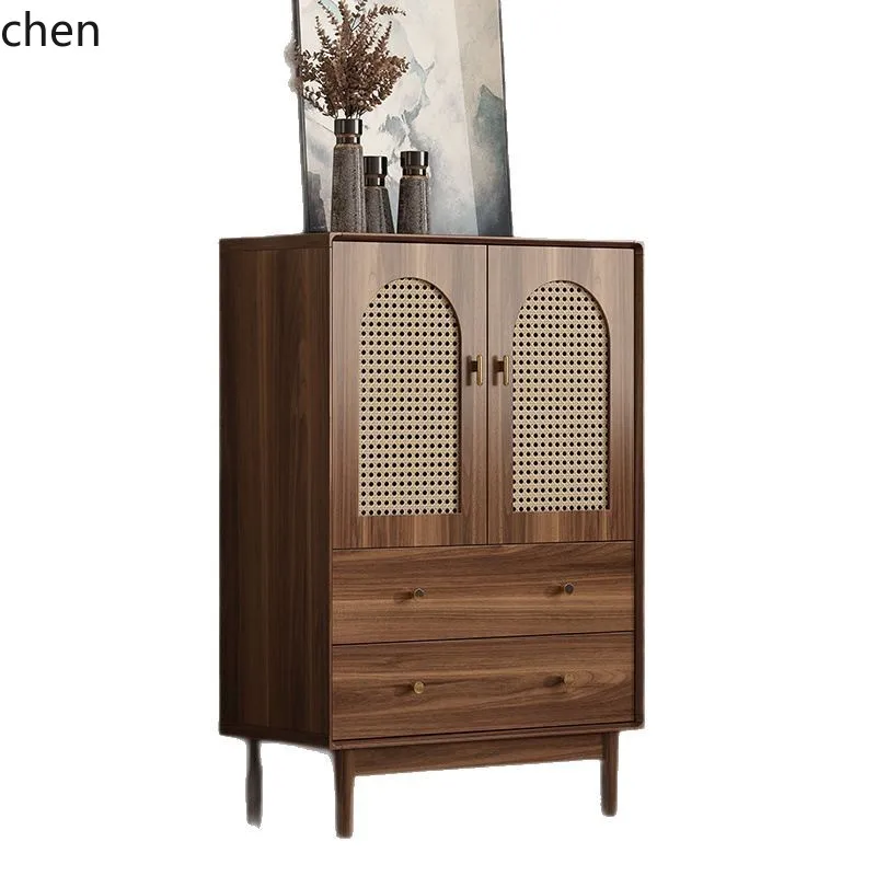 ZML Rattan Woven Solid Wood Storage Cabinet Living Room Storage Chest Wall-Mounted Storage