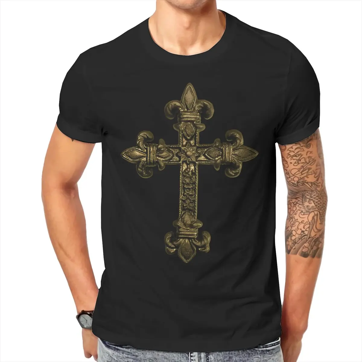 Cross in Gold Design Fleur De Lis T Shirt Vintage Teenager Grunge Loose Crewneck TShirt Top sell  Harajuku Men's Clothes