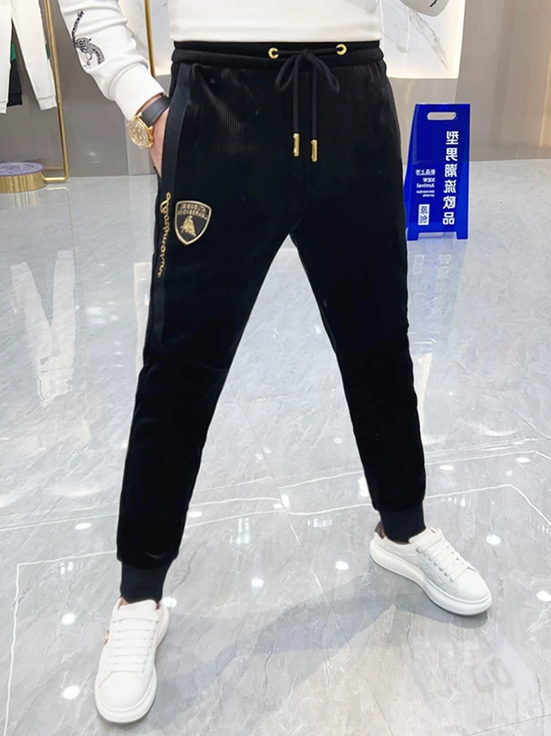 

Мужские зимние вельветовые повседневные брюки с флисовой подкладкой, зауженные, с вышивкой, молодежные, модные, узкие брюки-чинос