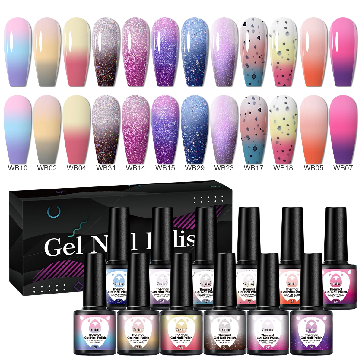 

12-Piece Heat-Sensitive Nail Polish Set - Color-Changing, Glittery, Water-Absorbing Nail Polish for Hand and Nail Art, Long-Last