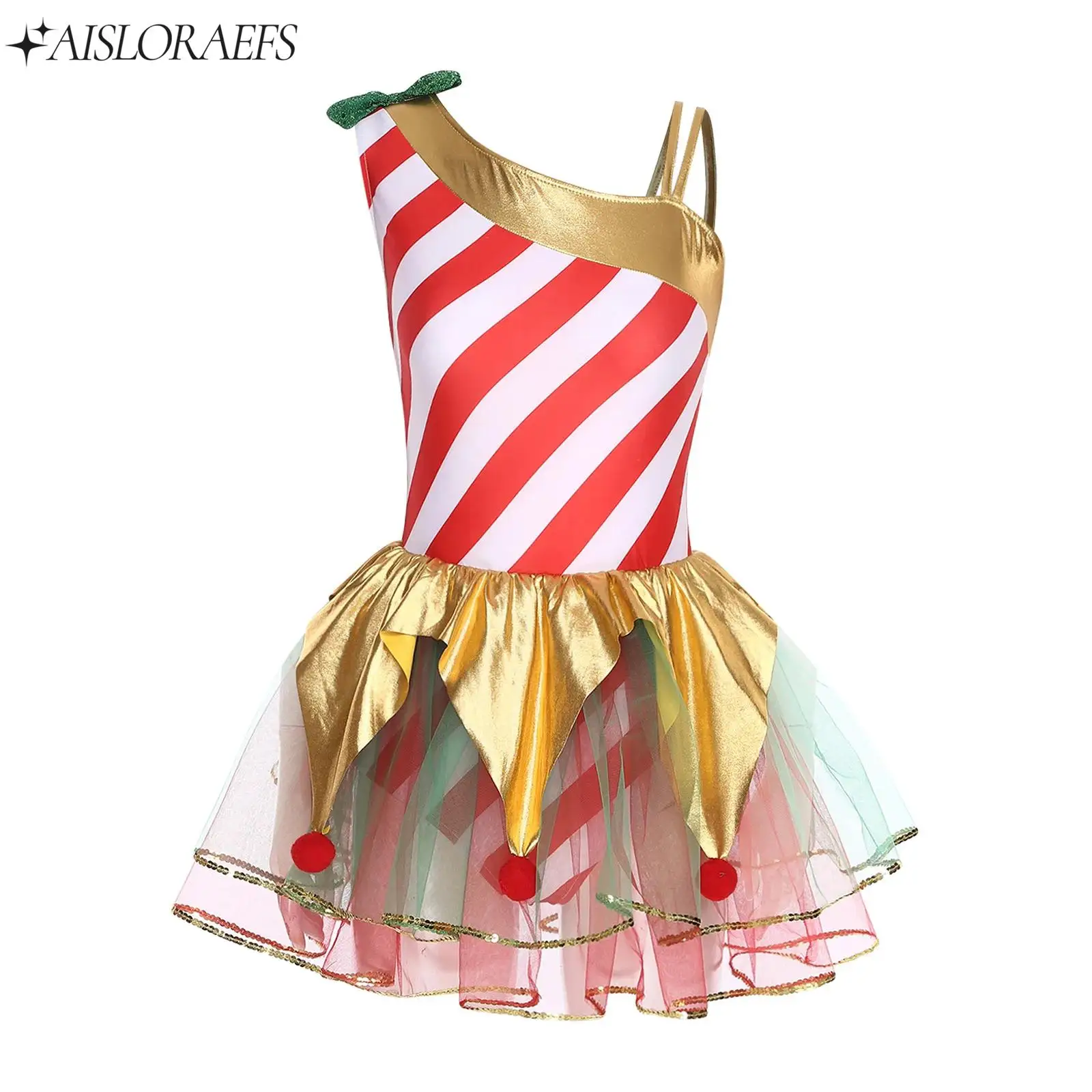 

Womens Christmas Candy Cane Cosplay Tutu Dance Dress Metallic Pompoms Tulle Leotard Striped Dress for Xmas Elf Fancy Dress Party